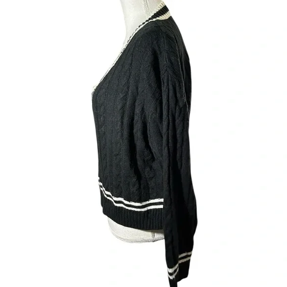 Elodie Black Knit Sweater with White Trim VNeck Sweater - Picture 3 of 8